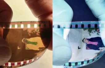 Side-by-side comparison of a raw orange-tinted 35mm film negative held up to light on the left and its color-inverted positive version on the right