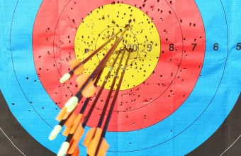 Archery target with a tight cluster of arrows landing in the bullseye, illustrating retrieval precision