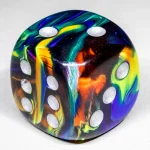 Macro photo of a single marbled six-sided die with silver pips, representing the randomness Anthropic's watermark quietly steers