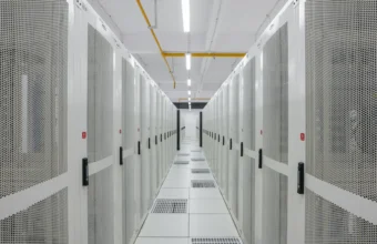 A row of enterprise server racks in a modern data center aisle