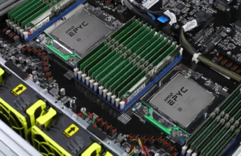 Two AMD Epyc 9754 processors installed in a dual-socket server motherboard