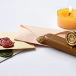 A brass wax seal stamp and stick of sealing wax beside envelopes closed with red and green wax seal impressions, next to a lit candle
