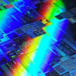 Macro photo of a silicon wafer showing individual chip dies illuminated by rainbow diffraction