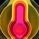 A set of colorful measuring cups and mixing bowls nested one inside another, from largest to smallest, viewed from directly above