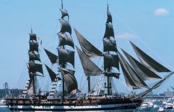 The Italian tall ship Amerigo Vespucci under full sail, sails filled with wind