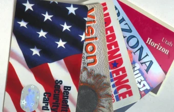 Five sample state-issued EBT benefit cards fanned out on a white background