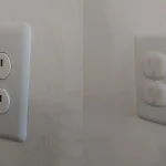 Two photos of the same wall outlet, one with open sockets and one with plastic safety covers fitted over the slots