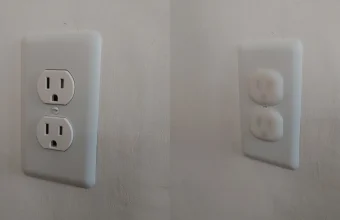 Two photos of the same wall outlet, one with open sockets and one with plastic safety covers fitted over the slots