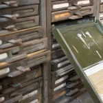 A vintage Kardex card-index filing cabinet with one drawer pulled open, exposing rows of index cards