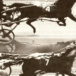 A 1953 photo finish camera image showing two harness racing horses and jockeys nearly overlapping at the finish line
