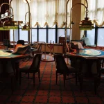 Two empty blackjack tables inside a European casino, evoking the multi-agent blackjack scenario researchers used to test AI collusion detection