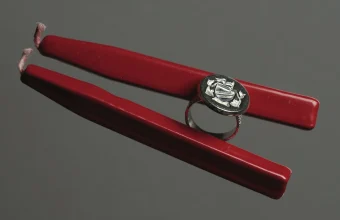 A silver signet ring engraved with a coat of arms between two sticks of red sealing wax on a grey surface