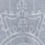 Faint white watermark of a crown above an oval emblem showing through blue paper, a design that stays invisible until light passes through the sheet