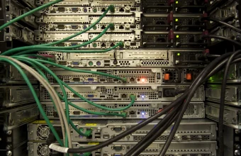 Dense green and black network cabling plugged into rack-mounted servers in a data center