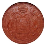 A red wax seal from 1810 bearing an ornate coat of arms, crown, and heraldic supporters, photographed on a plain white background