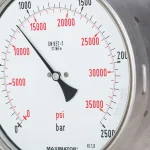 A high-pressure gauge with its needle pointing to a reading in the tens of thousands, used as a visual metaphor for a company measuring and reporting its own performance.