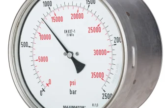 A high-pressure gauge with its needle pointing to a reading in the tens of thousands, used as a visual metaphor for a company measuring and reporting its own performance.