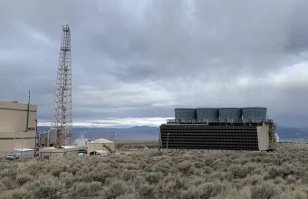 Cooling towers and plant buildings at a geothermal power station in the high desert of Beaver County, Utah, near the geothermal area where Fervo's Cape Station project is located