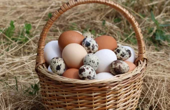 A woven basket filled with a mix of brown, tan, white, and speckled quail eggs sitting in straw