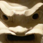 Ancient marble theatrical comedy mask with a fierce, staring expression, a literal visual metaphor for a persona file swapped onto an unchanged framework
