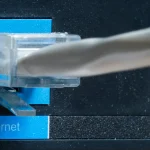 Gray Ethernet cable plugged into a blue router port labeled Internet