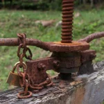 Rusted sluice gate winch with a padlock and chain wrapped around its handle