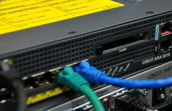 Close-up of the front panel of a Cisco ASA 5510 firewall mounted above a Cisco 1841 router, showing the Console, Aux, Reset, Flash and VPN labels with blue and green Ethernet patch cables