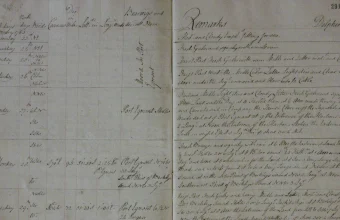 Two open pages of an eighteenth-century ship's logbook with ruled columns and handwritten daily remarks