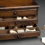 A small wooden label cabinet with three drawers, the lower two pulled open to show compartments of paper labels, with loose labels scattered on a grey surface beside it
