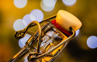 Close-up of a glass swing-top bottle neck with a wire bail and a cream-colored stopper against a blurred amber background, a literal bottleneck