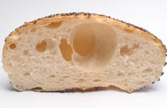 Cross section of a poppy seed bread roll with a large hole in the crumb