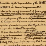 Handwritten draft of the Declaration of Independence with struck-through words and replacement words written above the lines