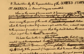Handwritten draft of the Declaration of Independence with struck-through words and replacement words written above the lines