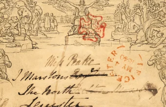 An 1840 Mulready postal envelope with a red Leicester postmark dated 4 May 1840 and a handwritten address