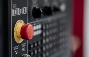 A red emergency stop button on a factory control panel, a literal kill switch