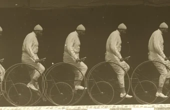 Chronophotograph by Étienne-Jules Marey of a man riding a bicycle, showing five snapshots of the same ride taken at regular intervals