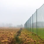 A tall green sports safety net running along a foggy grass field, used as a visual metaphor for safeguards