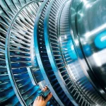 A worker installs a blade on a large steam turbine rotor in a factory, with rings of polished blades curving across the frame