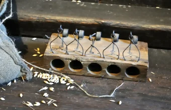 Wooden mousetrap with five spring-loaded traps set over drilled holes, with scattered grain beside a sack in a mill at Malbork